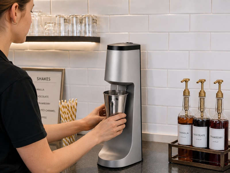 woman using a milkshake mixer