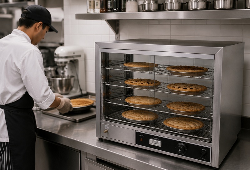 chef preparing pie and displaying them on the pie warmer