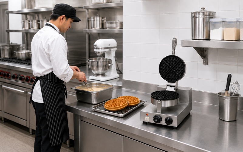 chef preparing waffles using a waffle maker