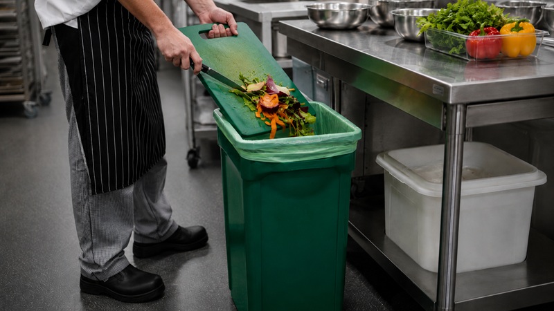 chef throwing food waste in the svelte slim bin